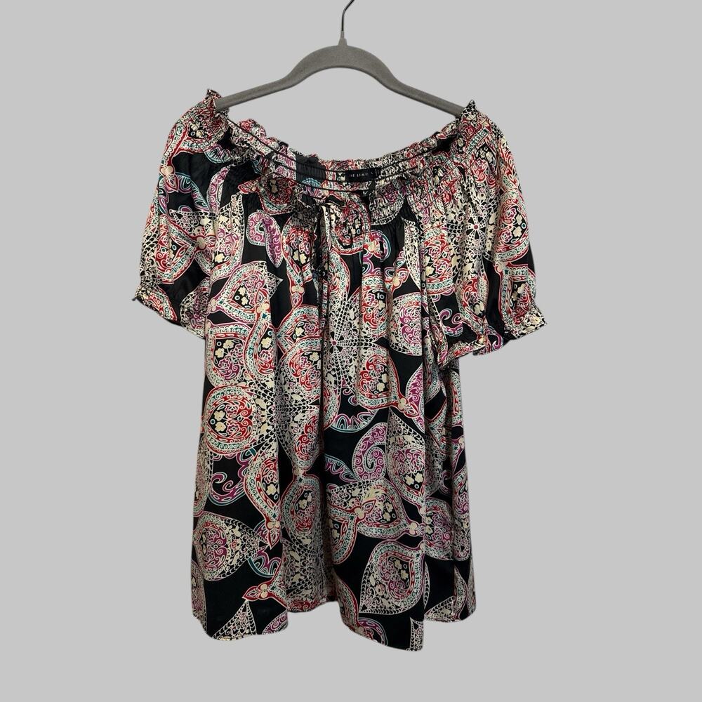 The Limited Short Sleeve Silky Paisley Top Blouse Buttons Tie Boho Y2K Office Lg